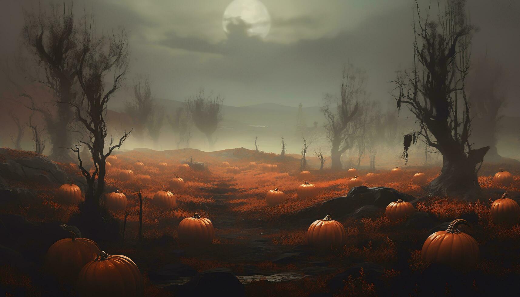 Scary photo of halloween pumpkin in dark autumn forest halloween celebration background, generate ai