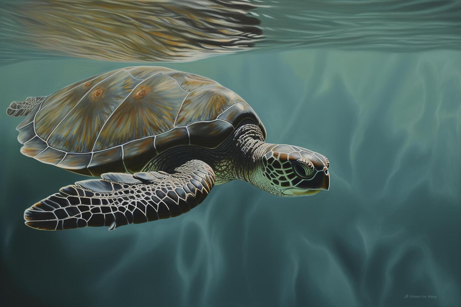 AI illustration of a turtle caught with fishing net. The concept of environmental protection. Sea, ocean turtle need to be freed from fishing nets. No to Dead turtles. photo