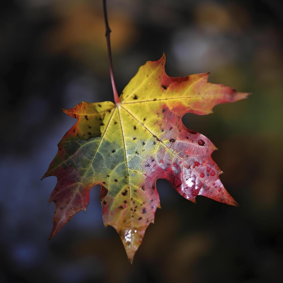 autumn maple leave in a row, vivid colors, panorama illustration on black background photo