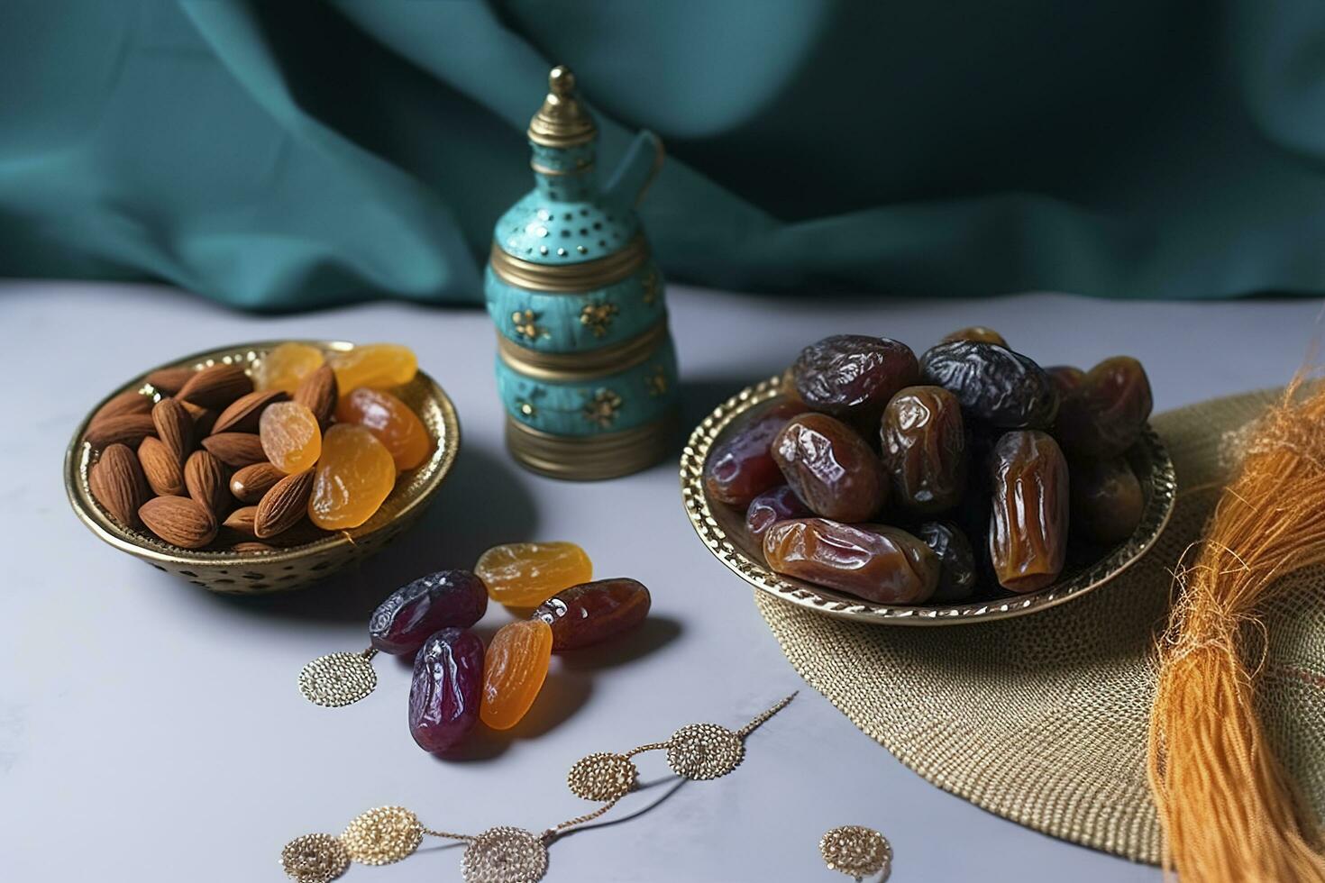 Eid al-Fitr holiday concept with sweet dried dates, fruits and decorations on bright background. Top view from above, generate ai photo
