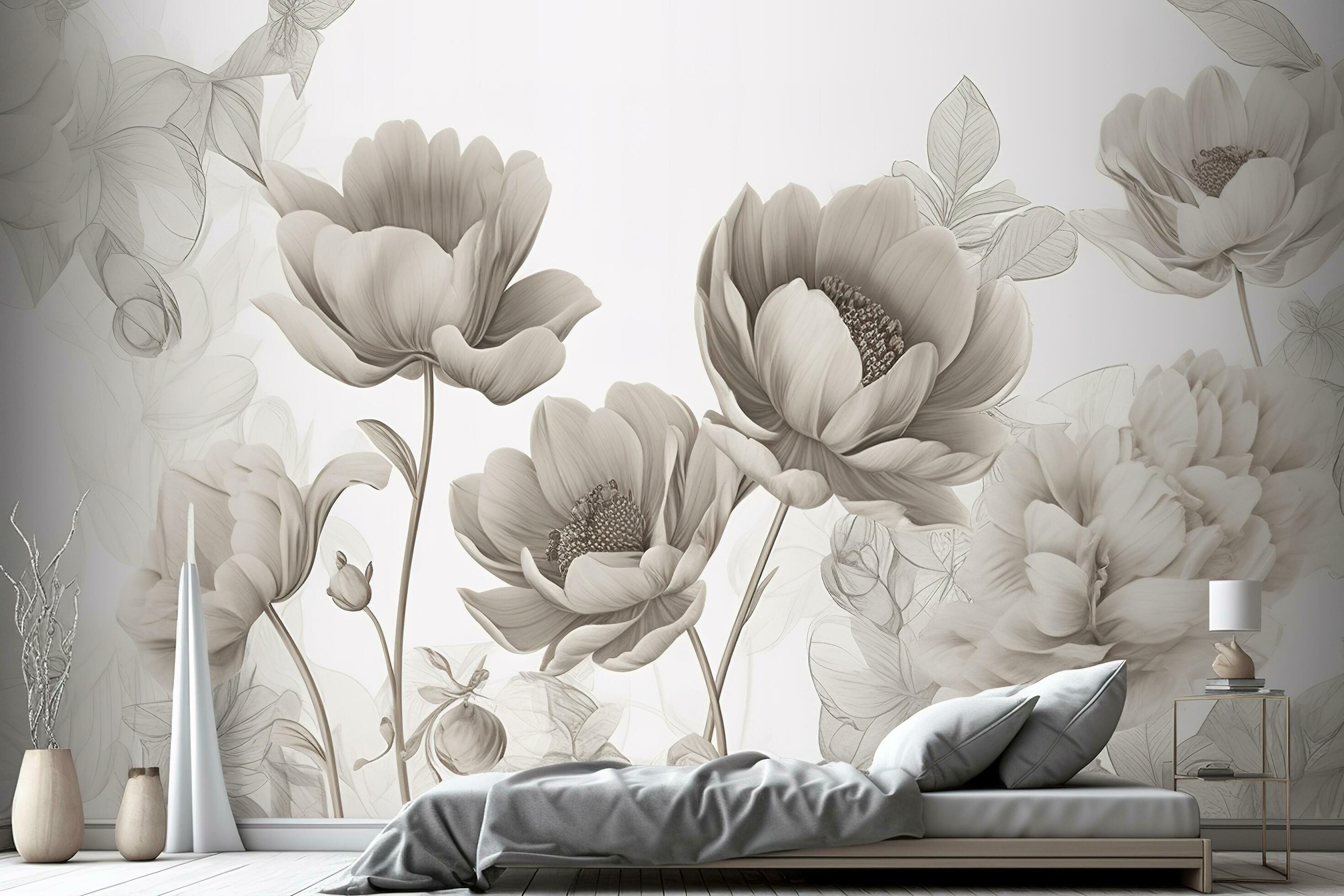 Peonies and foliage wallpaper, feature mural wallpaper, bedroom floral  mural wallpaper, green mural feature wallpaper, rental