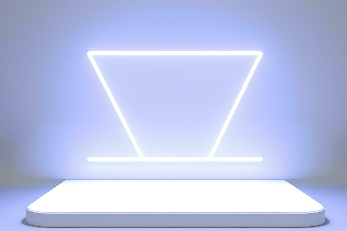 Realistic podium display with neon white lights, Product display background with light frame, White prodium product display with light effect, neon lights background, generate ai photo