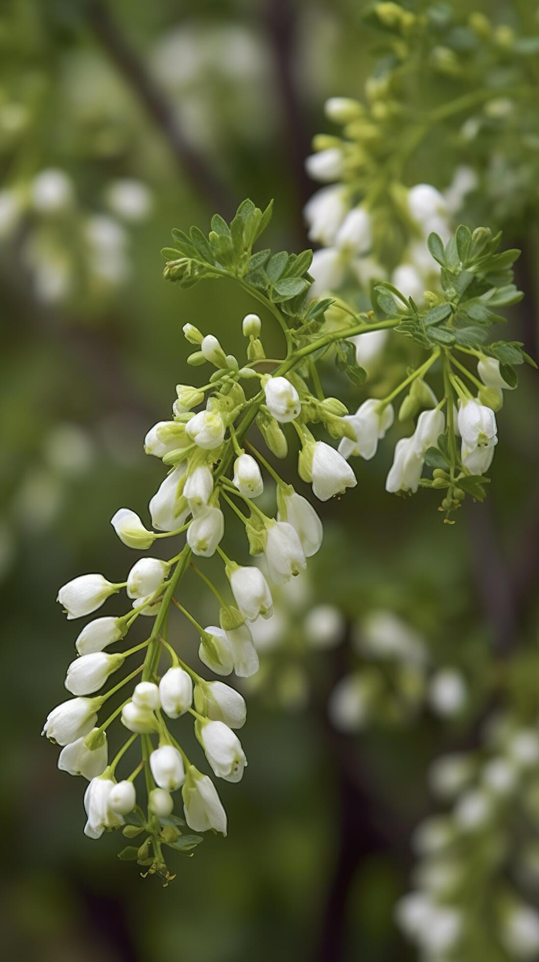 The green Sophora japonica trees are full of white Sophora japonica