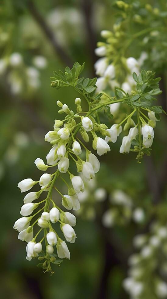 The green Sophora japonica trees are full of white Sophora japonica flowers, generate ai photo