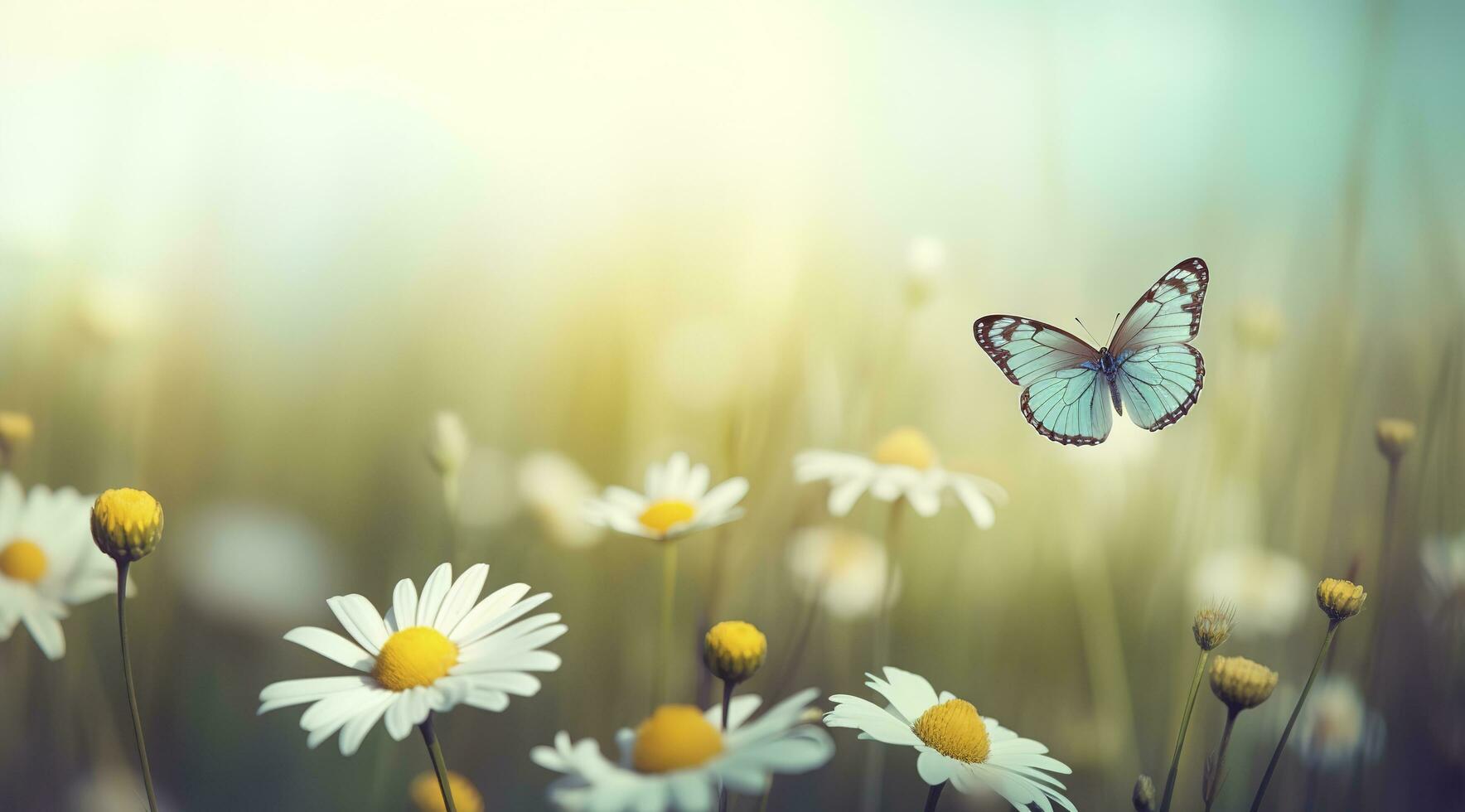 beautiful and colourful butterfly fluttering over the delicate Bellamy flowers daisies on a Sunny summer day, generate ai photo