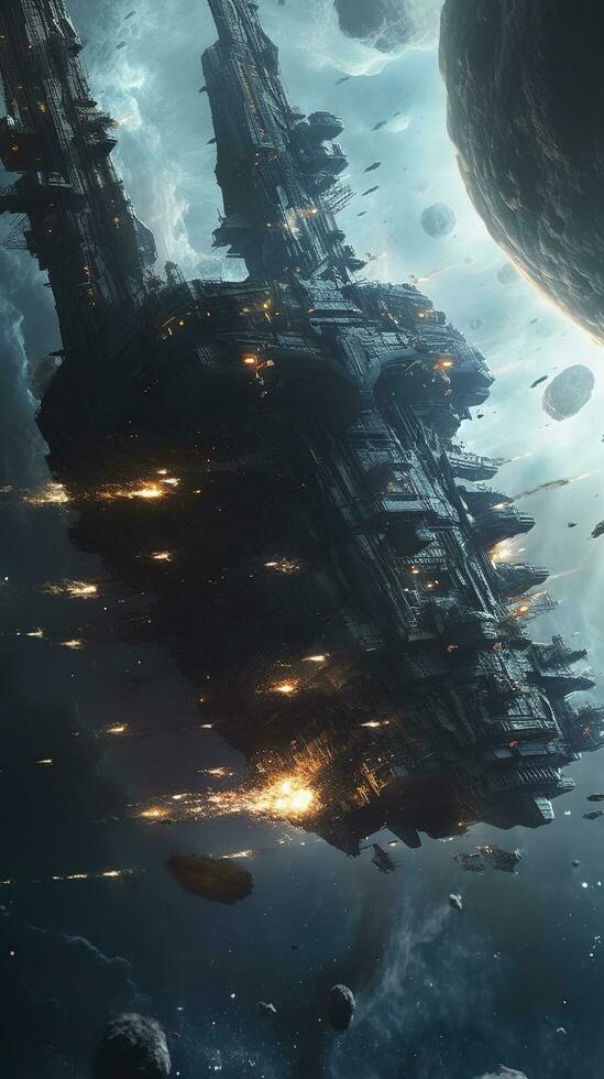 Cinematic Still, intense space battle between two massive battleships, starry sky, nebulae, galaxies, HDR futuristic space battleship destroyers traveling through an asteroid field, generate ai photo