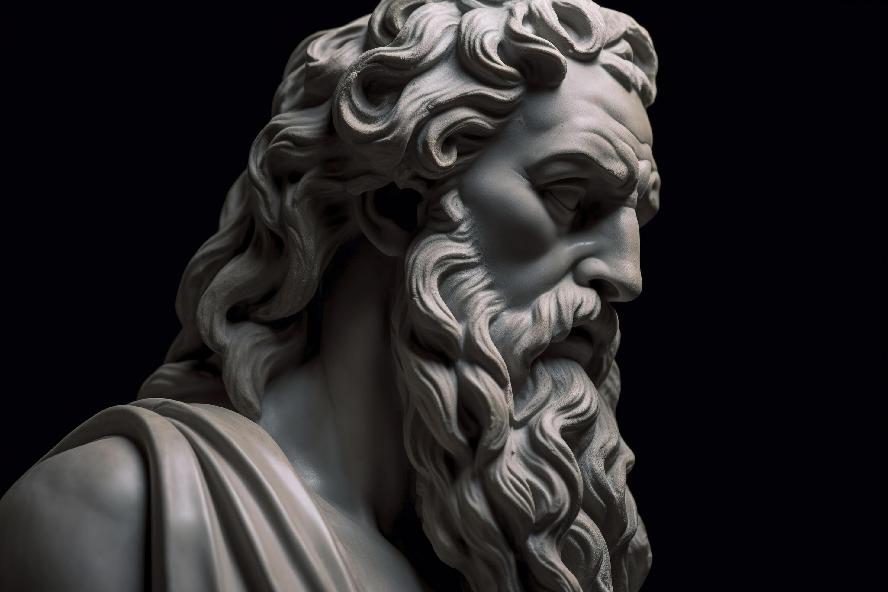 Head of greek god sculpture, statue of a man with long beard on dark