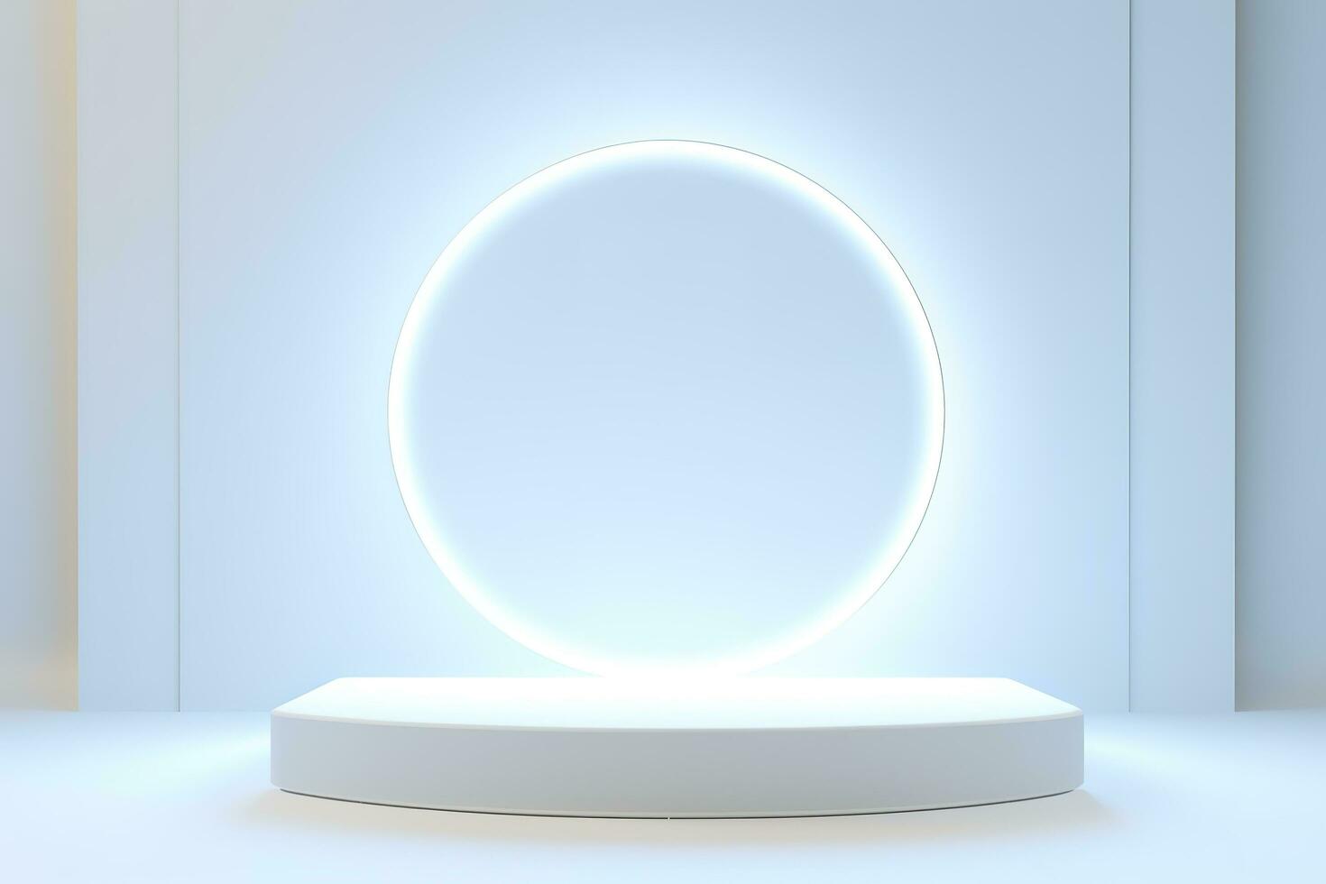 Abstract 3D silver cylinder pedestal podium floating on air with glowing neon ring background. Silver wall scene for product display presentation. rendering geometric platform, generate ai photo