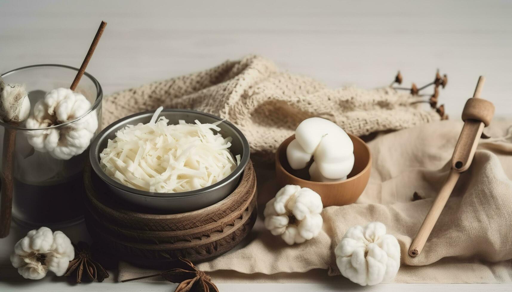 Basic set for home-made natural white eco soy wax candles in glass, wick, perfume. Idea for a hobby, business. Making trendy diy candles without harm to health on white background, generate ai photo