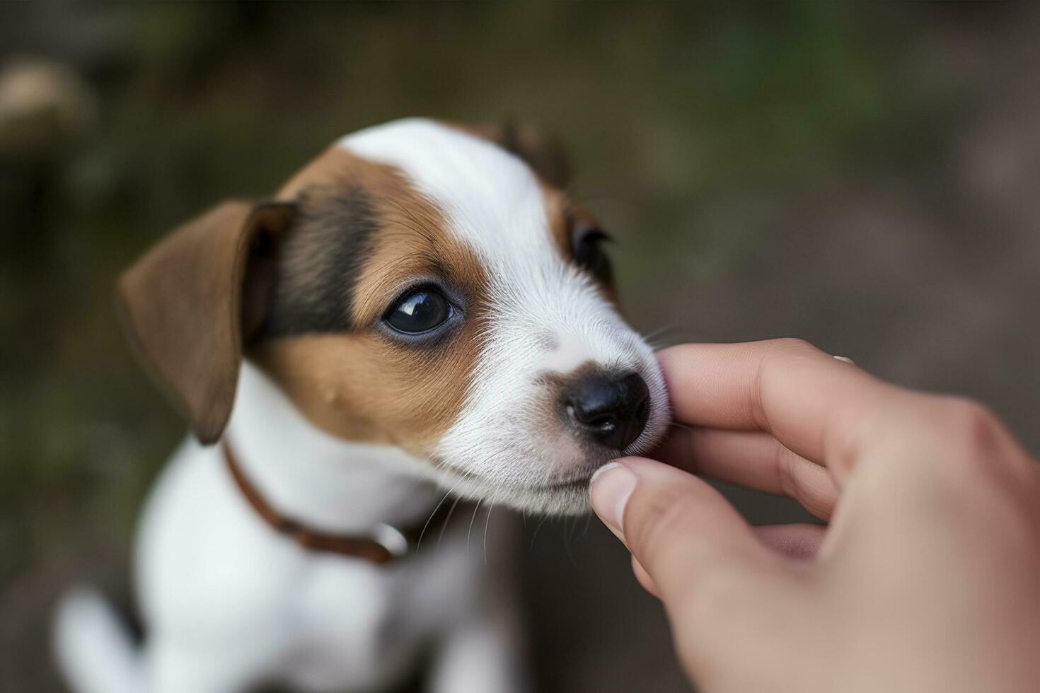Cheerful puppy Jack Russell terrier playfully biting the fingers of its