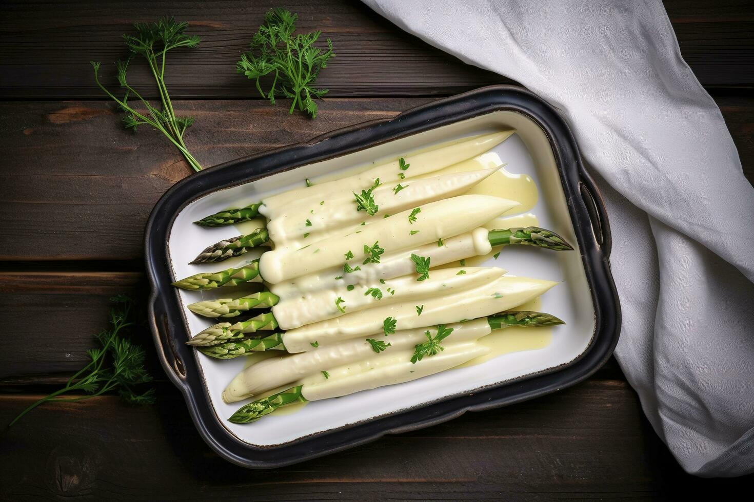 Traditional steamed white asparagus with hollandaise sauce and herbs as a top view in an enamel tray on an old wood table with copy space on the right, generate ai photo