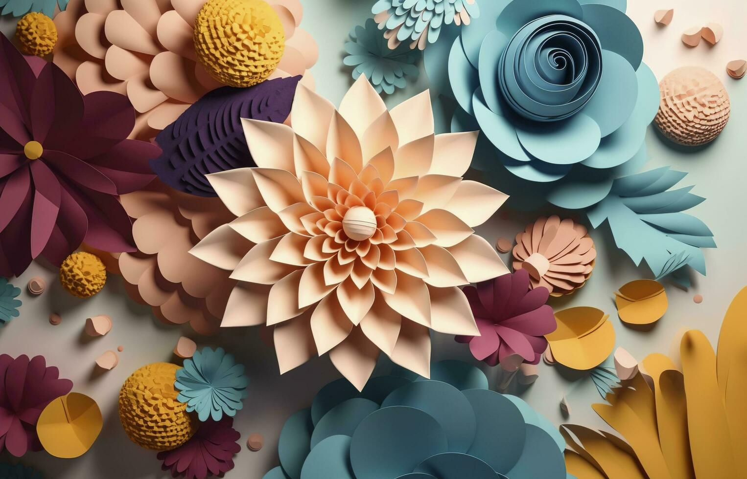 3d floral craft wallpaper. orange, rose, green and yellow flowers in light background. for kids room wall decor, generate ai photo