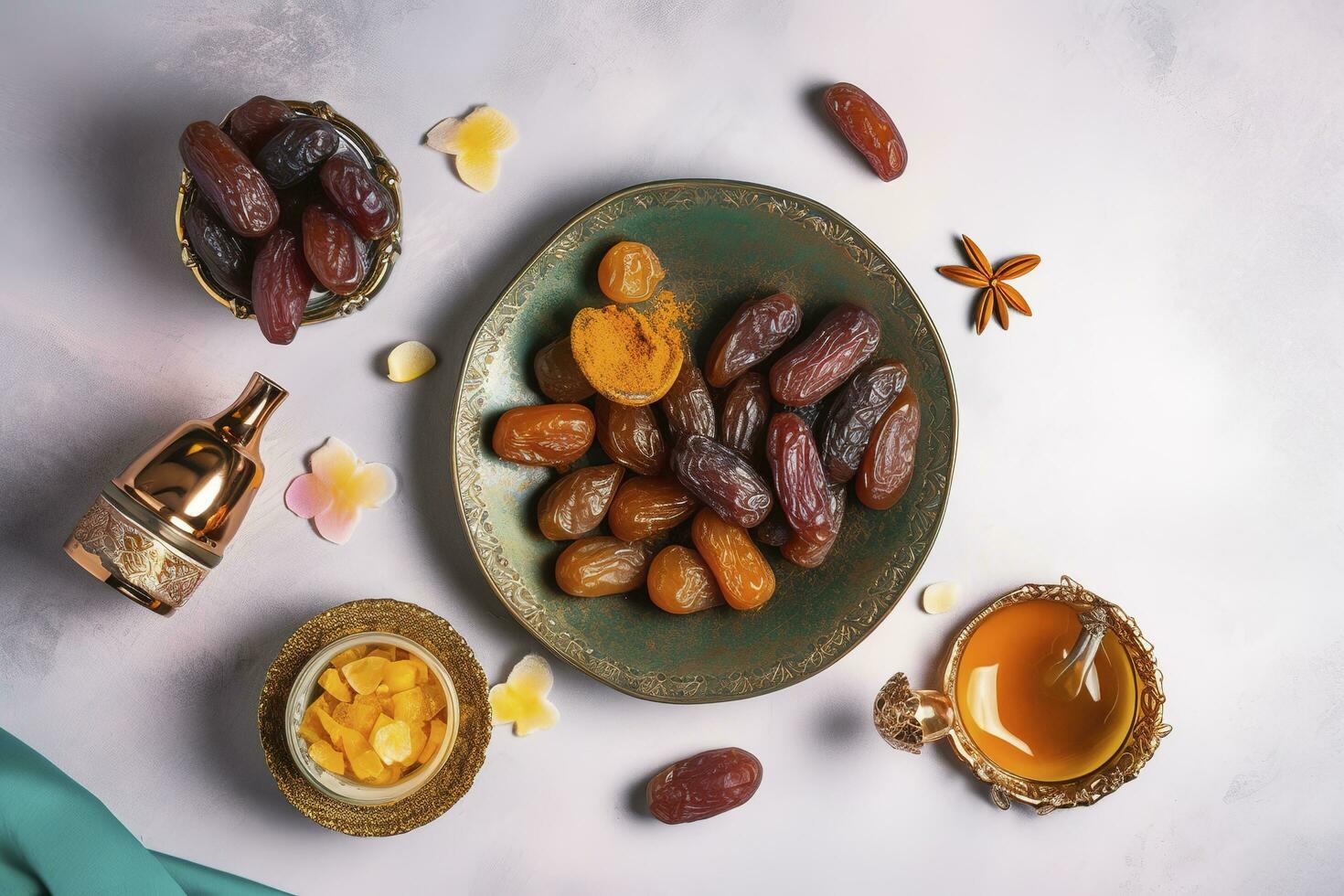 Eid al-Fitr holiday concept with sweet dried dates, fruits and decorations on bright background. Top view from above, generate ai photo