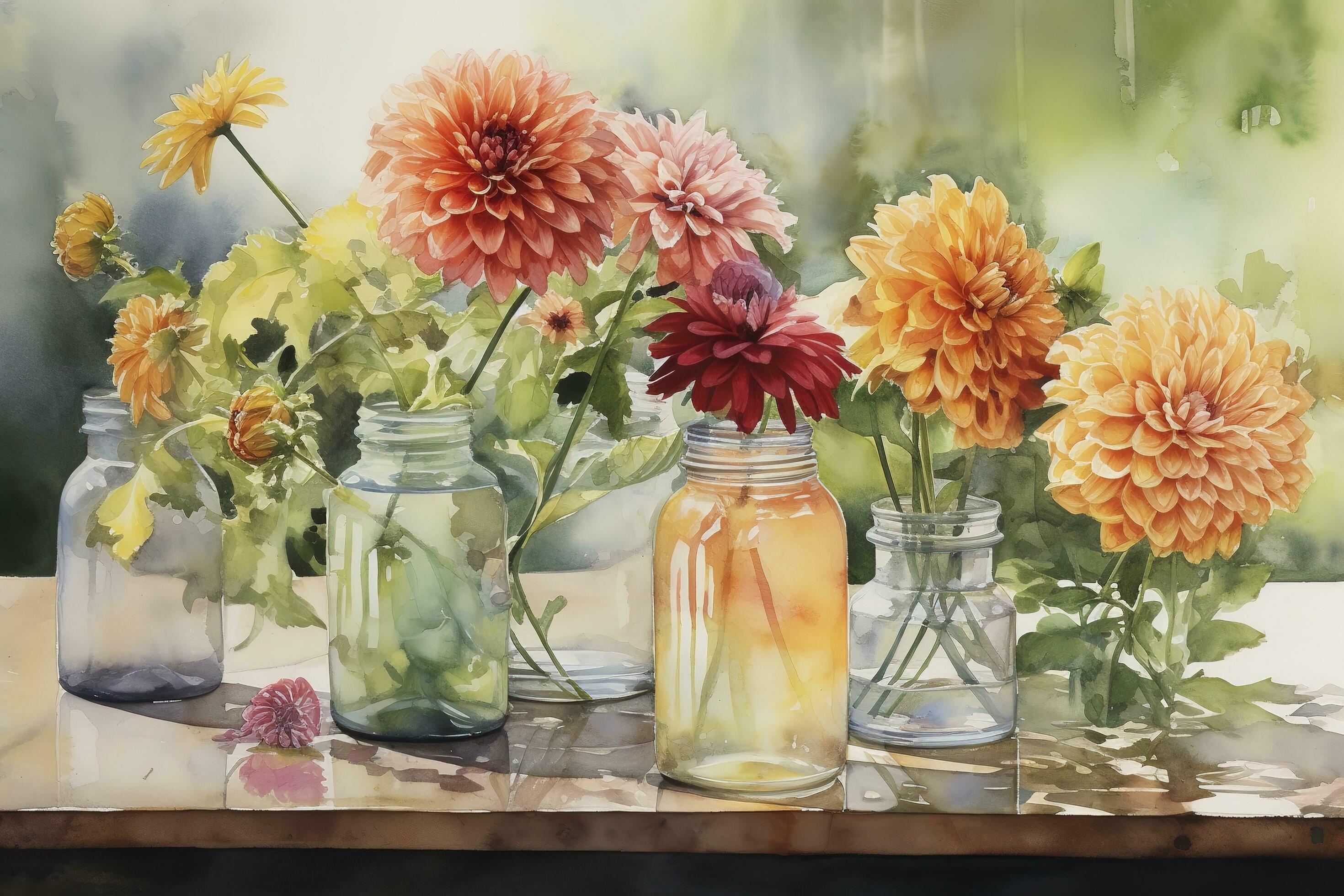 Flower Vase With Flowers Painting Use Watercolor To Create A Floral Still Life Arranging Different Flowers In A Vase Or On A Table And Capturing Their Beauty In A Detailed And Realistic Painting Generate Ai Free Photo
