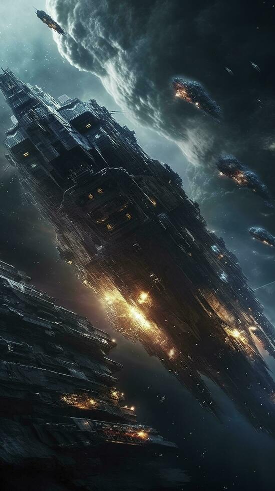 Cinematic Still, intense space battle between two massive battleships, starry sky, nebulae, galaxies, HDR futuristic space battleship destroyers traveling through an asteroid field, generate ai photo