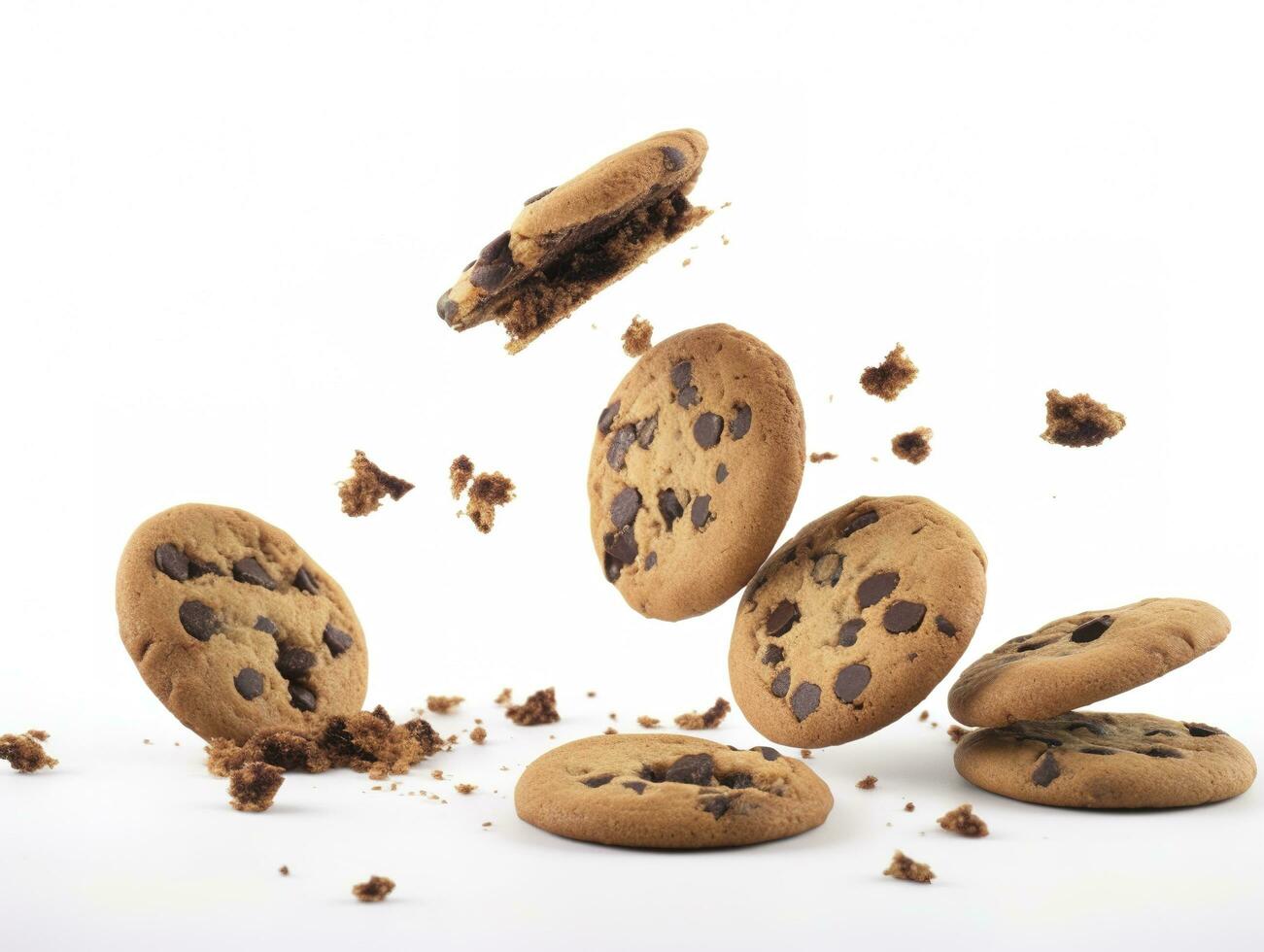 Tasty chocolate chip cookies falling isolated on white background, generate ai photo