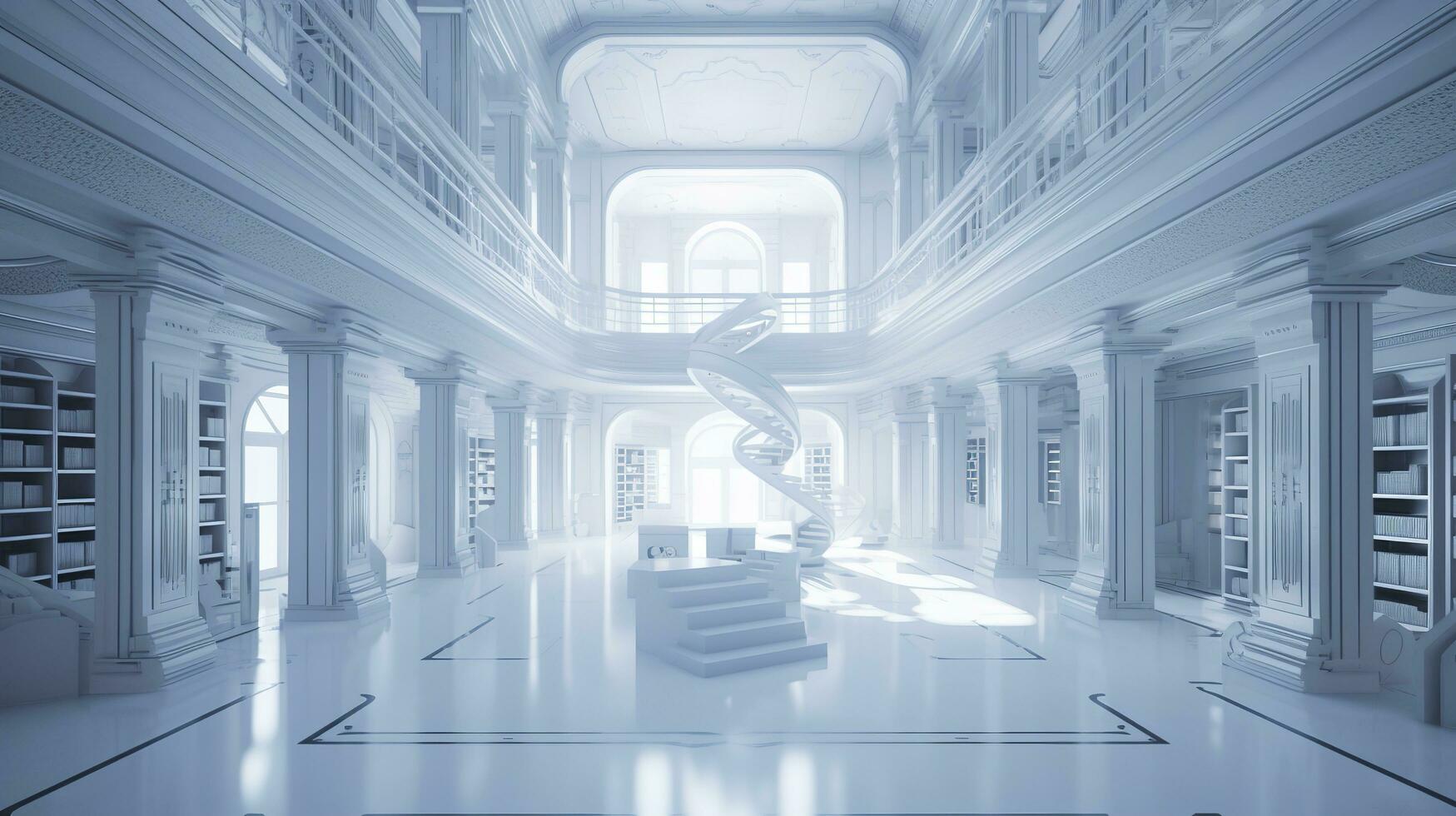 artificial intelligence white library classroom in space, a futuristic  library with a lot of books with natural light,  photorealistic 2050, generate ai photo