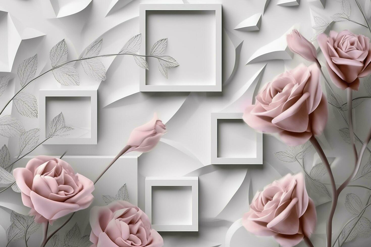 3d clásico fondo de pantalla. Rosa flores en un ligero gris antecedentes con cuadrícula y ondulado formas para pared hogar decoración, generar ai foto