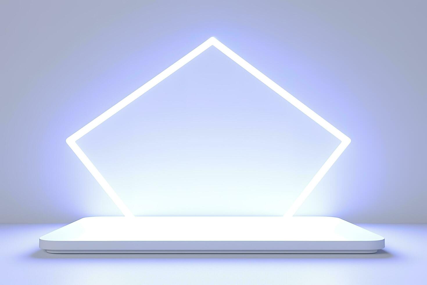 Realistic podium display with neon white lights, Product display background with light frame, White prodium product display with light effect, neon lights background, generate ai photo