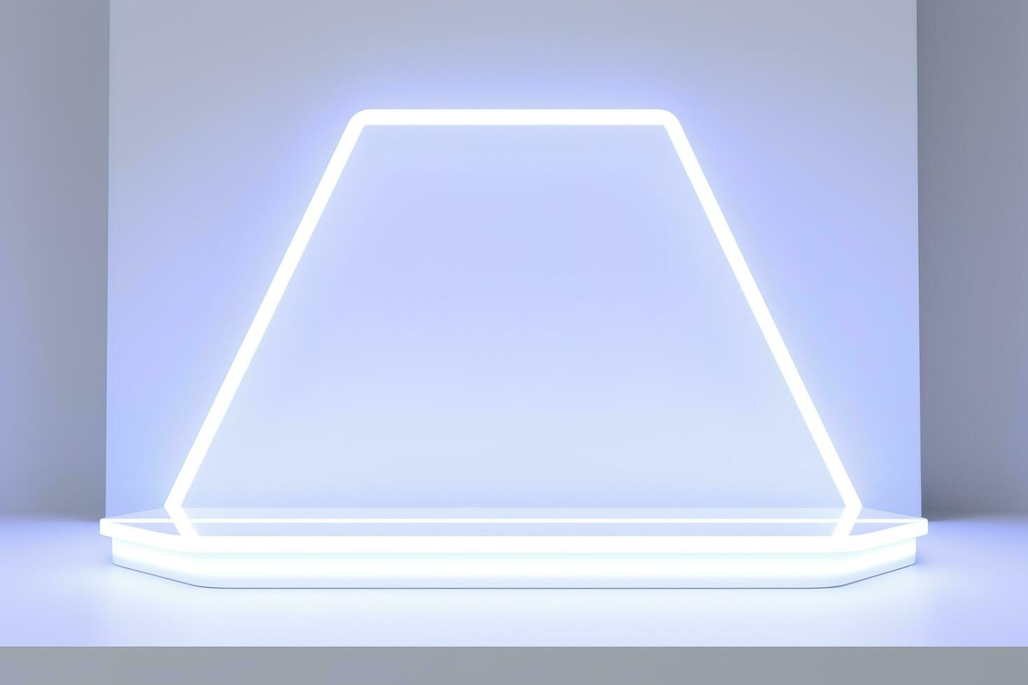 Realistic podium display with neon white lights, Product display background with light frame, White prodium product display with light effect, neon lights background, generate ai photo