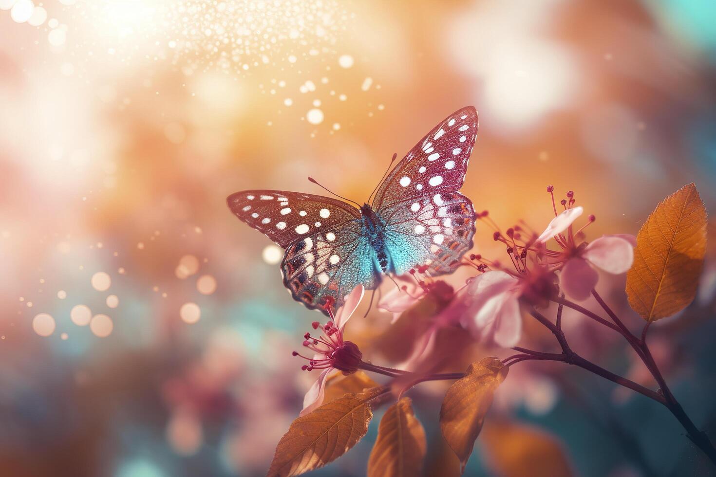 Field of daisies in golden rays of the setting sun in spring summer nature with an orange butterfly outdoors, photo