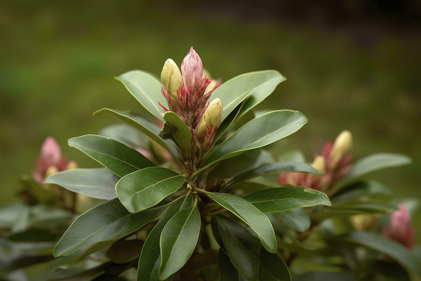 Rhododendron or Rosebay leaves and buds ready to open in spring garden, closeup. Ericaceae evergreen shrub, toxic leaves. Azalea, decorative shrubs, generate ai photo