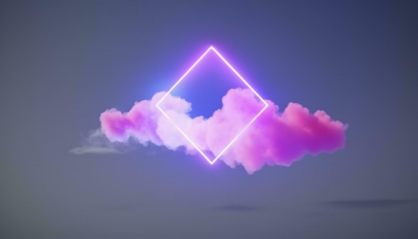 3d render, abstract minimal background with pink blue yellow neon light square frame with copy space, illuminated stormy clouds, glowing geometric shape, generate ai photo