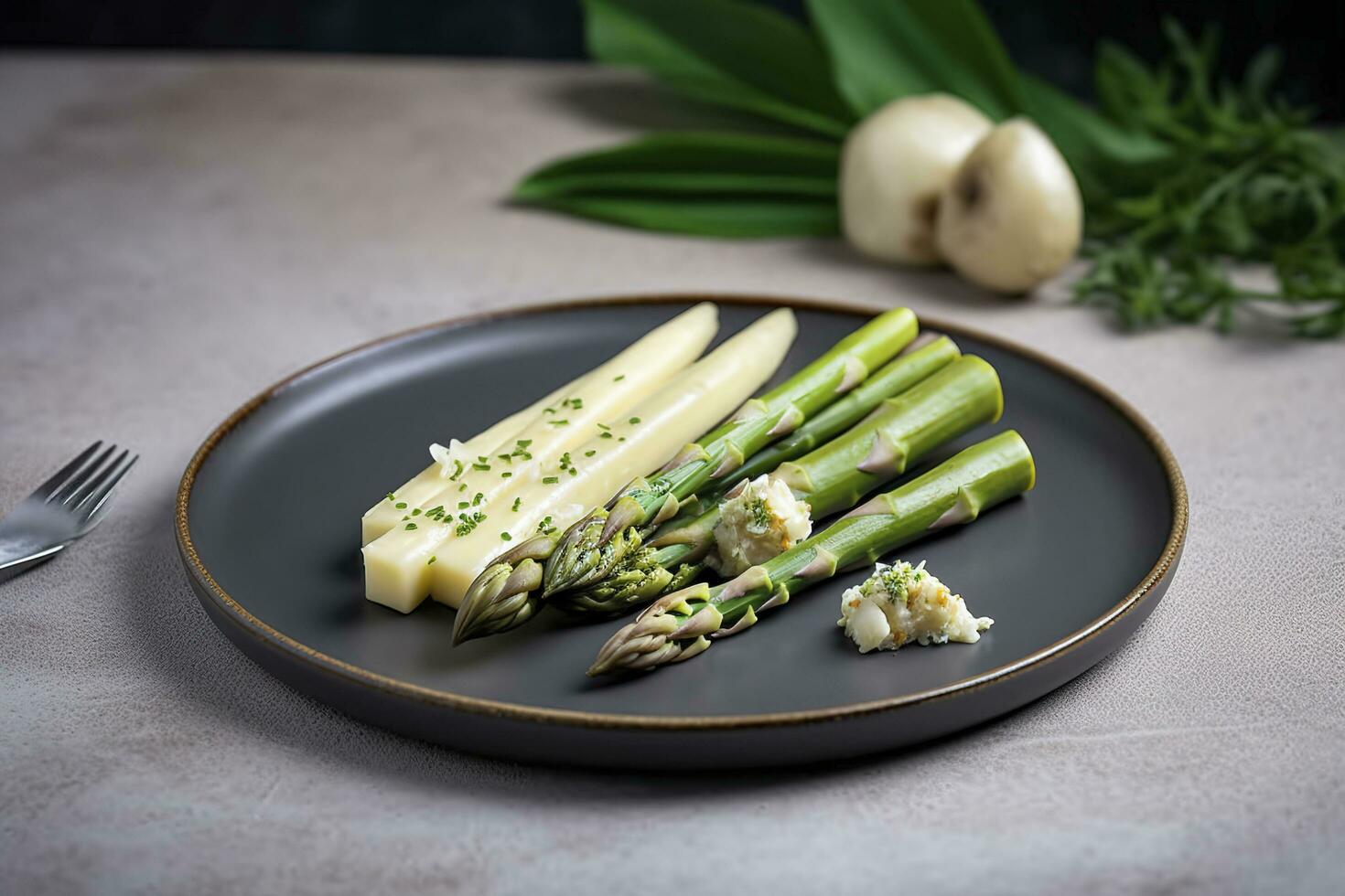 tradicional bávaro blanco espárragos servido con salvaje ajo y almendra mantequilla de cerca en un nórdico diseño plato con Copiar espacio, generar ai foto