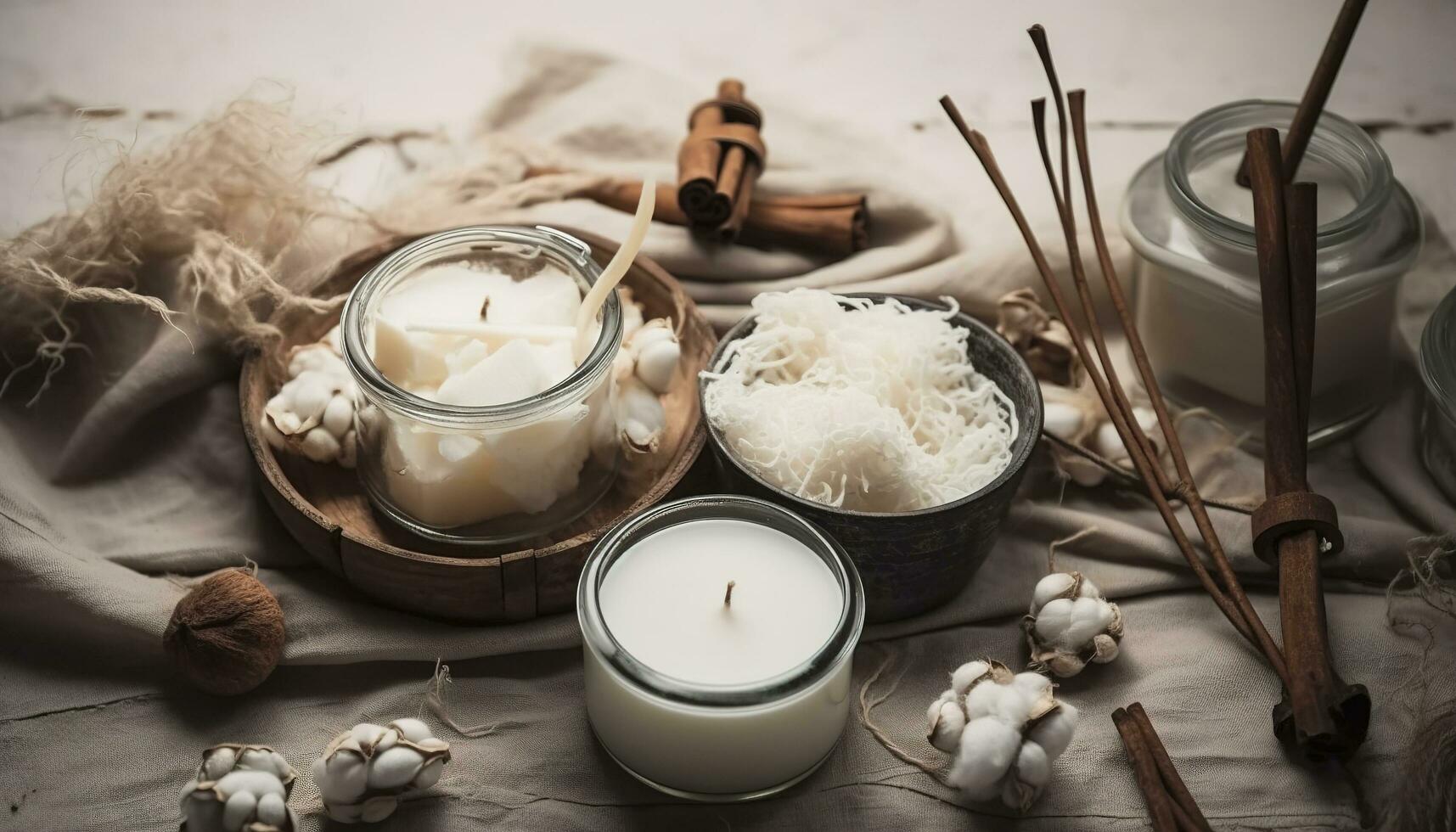 Basic set for home-made natural white eco soy wax candles in glass, wick, perfume. Idea for a hobby, business. Making trendy diy candles without harm to health on white background, generate ai photo