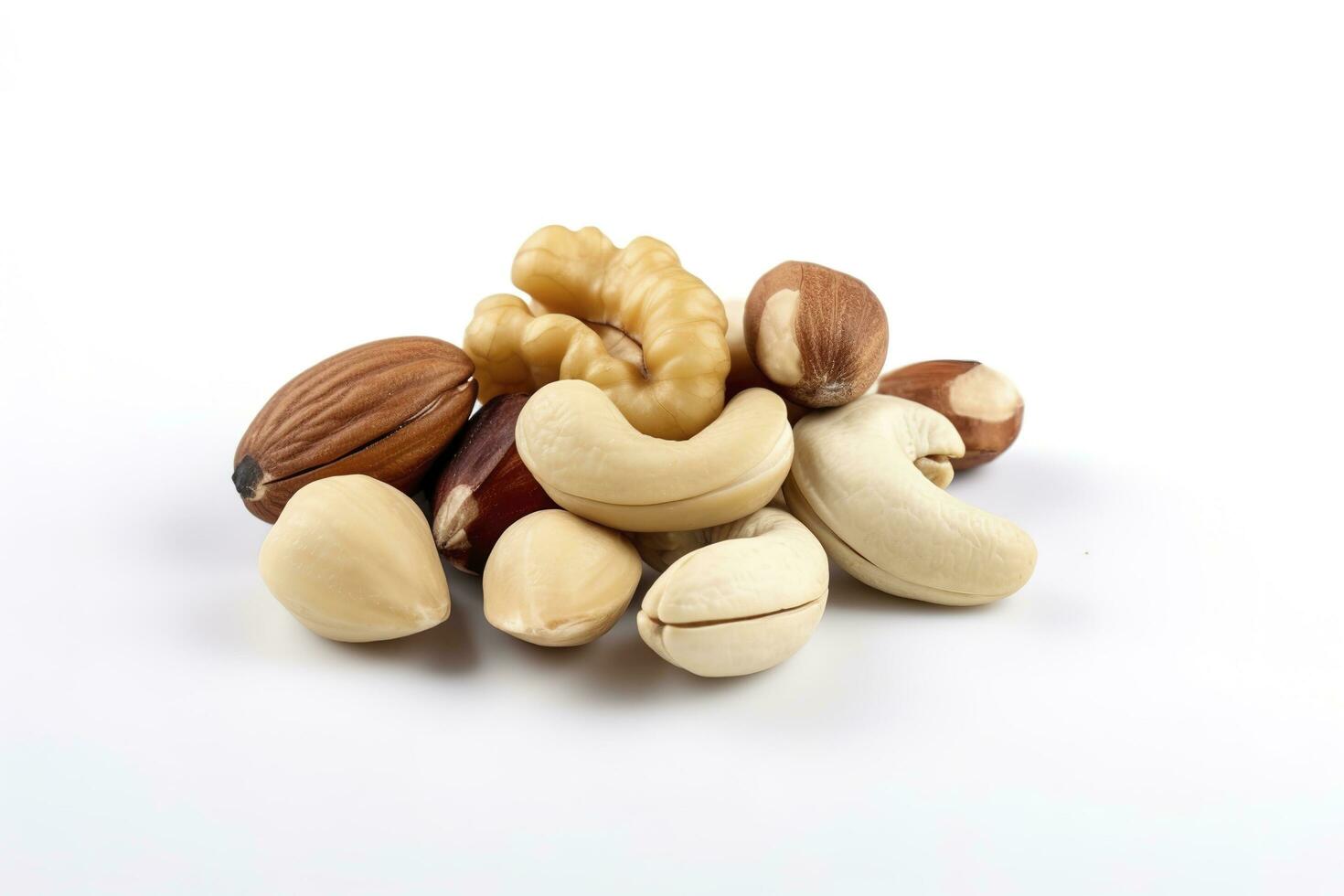 Cashew nuts, almond, hazelnut and blanched peanuts isolated on white background, generate ai photo