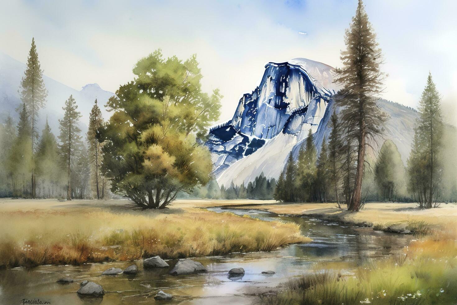 watercolor painting of a national park, featuring iconic landmarks, such as Old Faithful in Yellowstone or Half Dome in Yosemite, and intricate details of nature and wildlife, generate ai photo