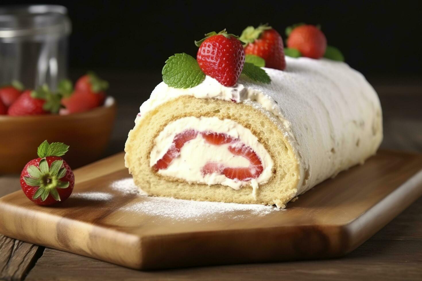 Delicious cake roll with strawberries and cream on wooden board, closeup, generate ai photo