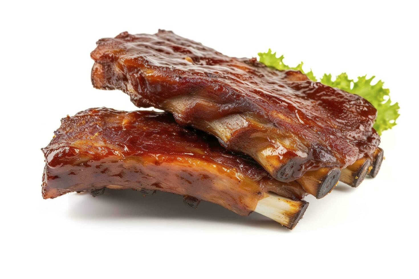 Delicious barbecued spare ribs. Tasty bbq meat, isolated on white background, generate ai photo