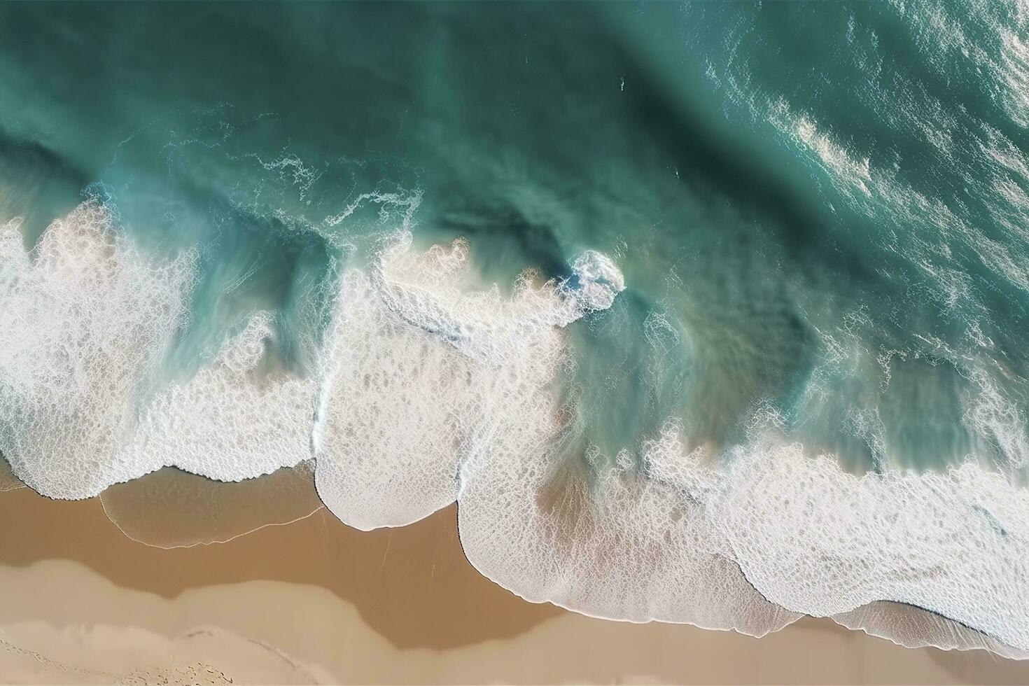 Ocean waves on the beach as a background. Beautiful natural summer vacation holidays background. Aerial top down view of beach and sea with blue water waves, generate ai photo