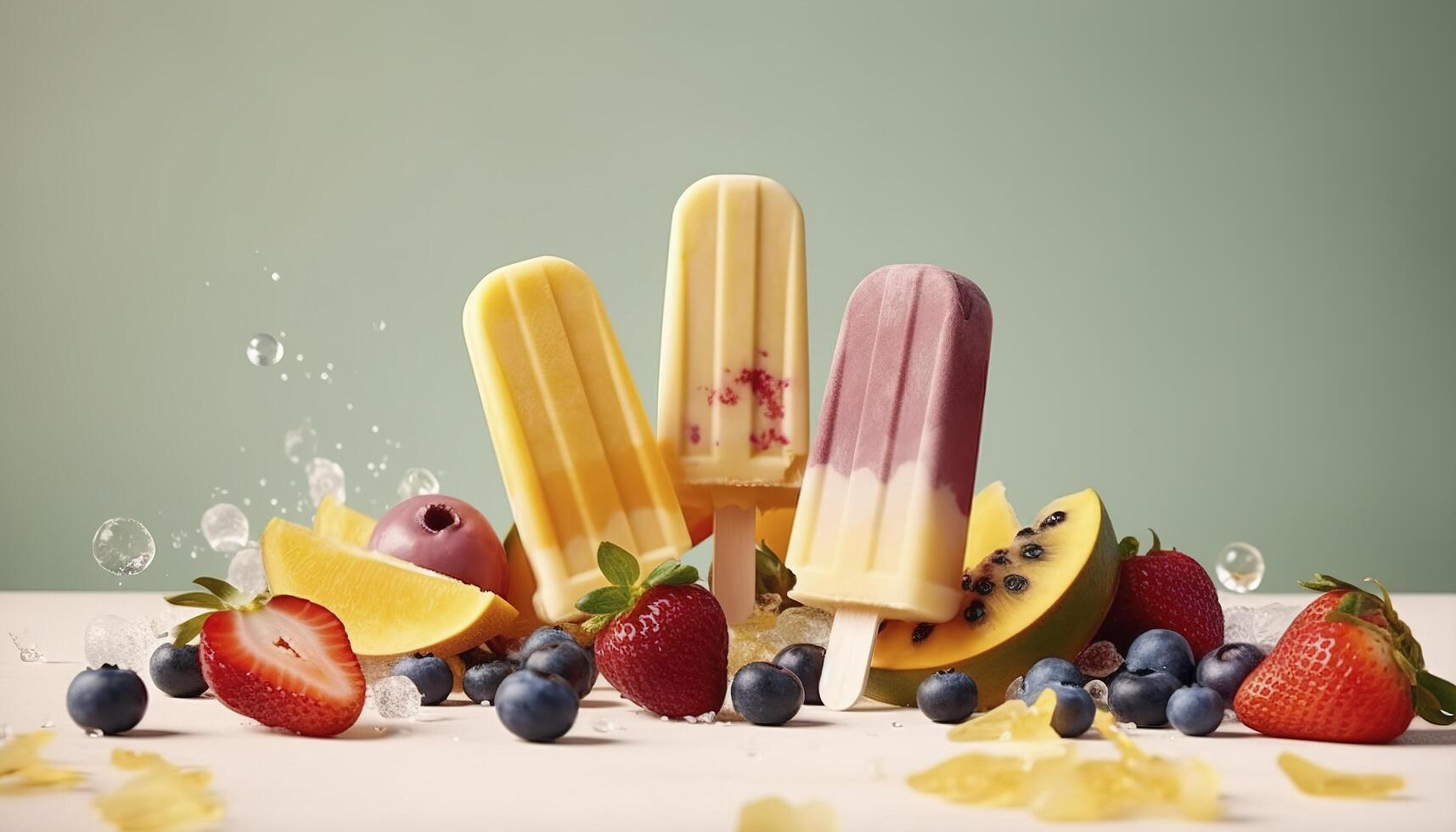 Levitating ice cream popsicles with fruit and berries on pastel background, free copyspace for text. Flying ice cream, summer dessert, frozen fruit juice. image photo