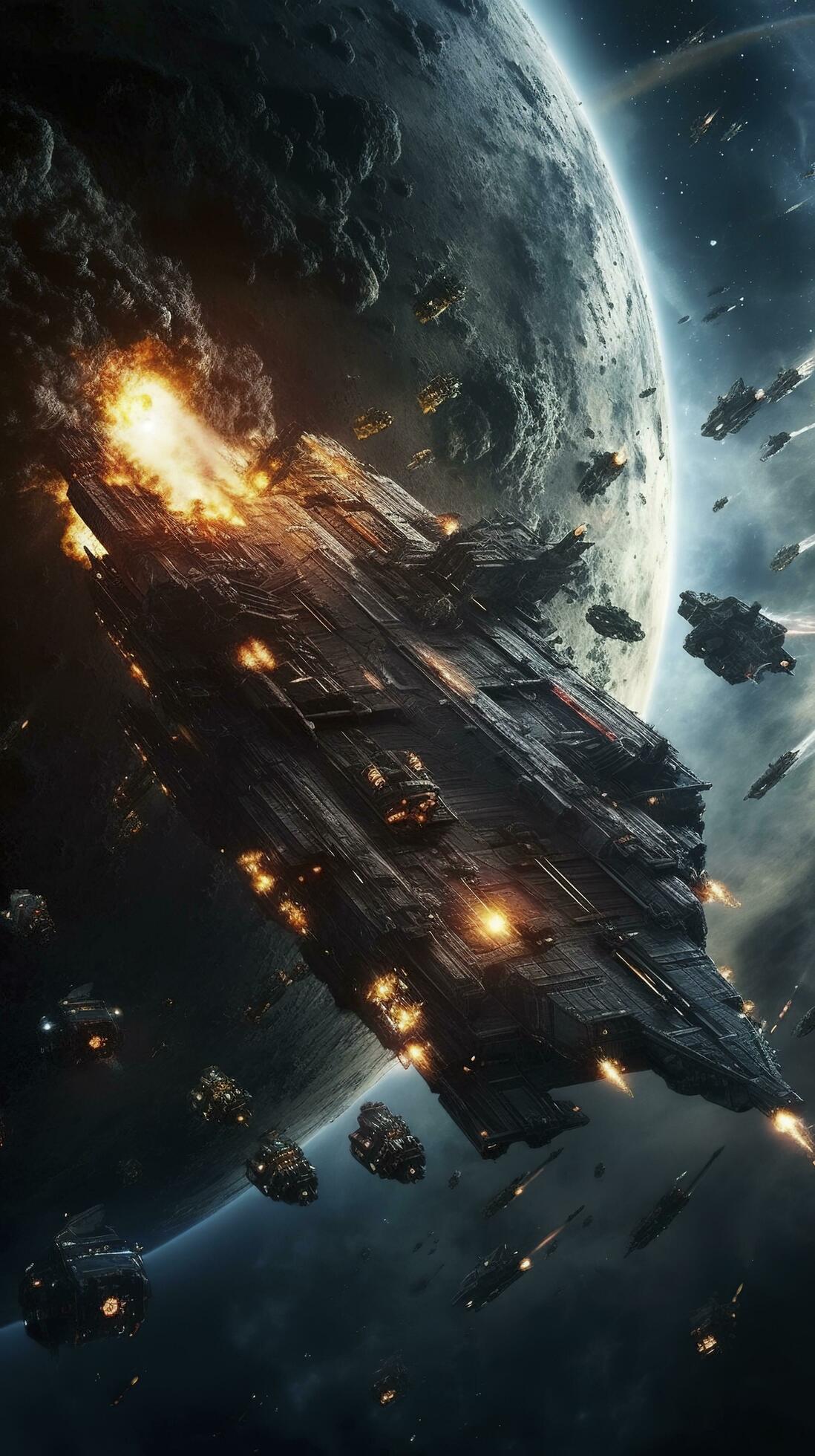 SuperHumanEpoch: Cinematic Still, intense space battle between two massive  battleships, starry sky, nebulae, galaxies, HDR futuristic space battleship  destroyers traveling through an asteroid field, planer in the isolated  blurred background