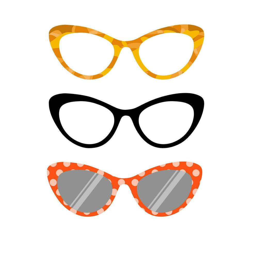 silueta conjunto de gato ojo anteojos, ojo lentes y Gafas de sol en plano vector. vector