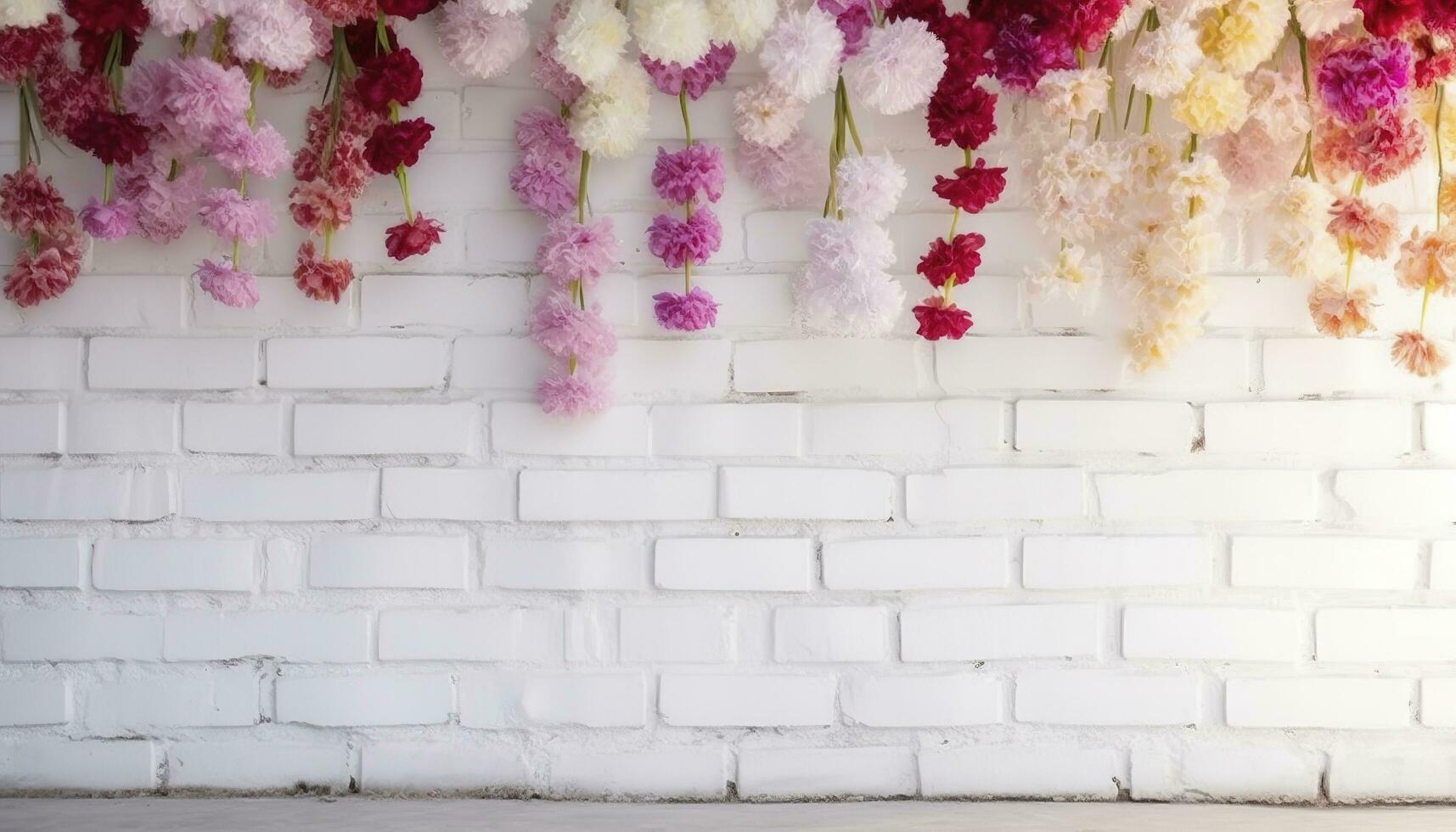 Flower texture background for wedding scene. Flowers on white brick wall with free space for text. Wedding or party decoration. Floral arrangement, floristics setting, generate ai photo