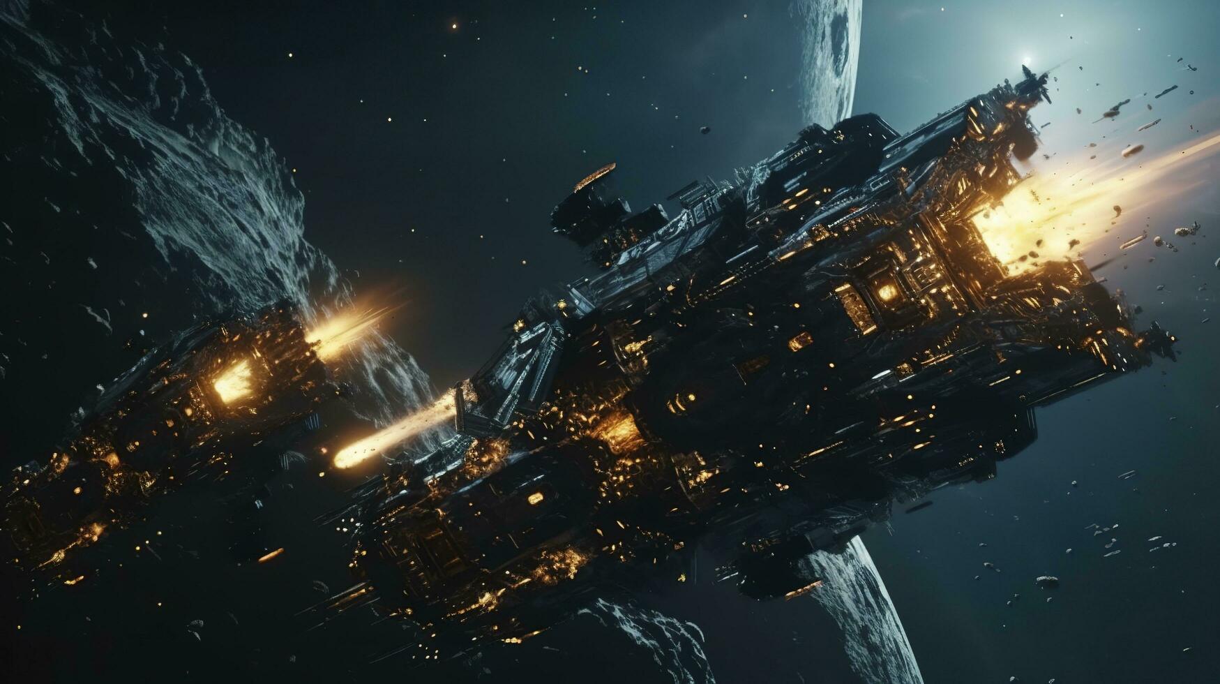 Cinematic Still, intense space battle between two massive battleships, starry sky, nebulae, galaxies, HDR futuristic space battleship destroyers traveling through an asteroid field, generate ai photo