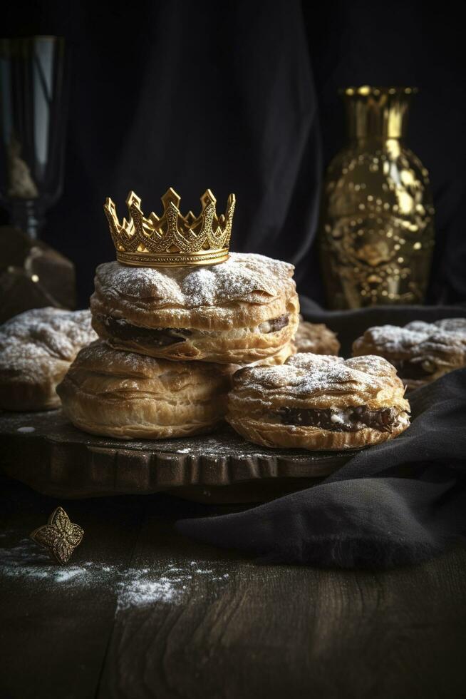 Shiny metal ring on top of gold crown on dark brown background, generate ai photo