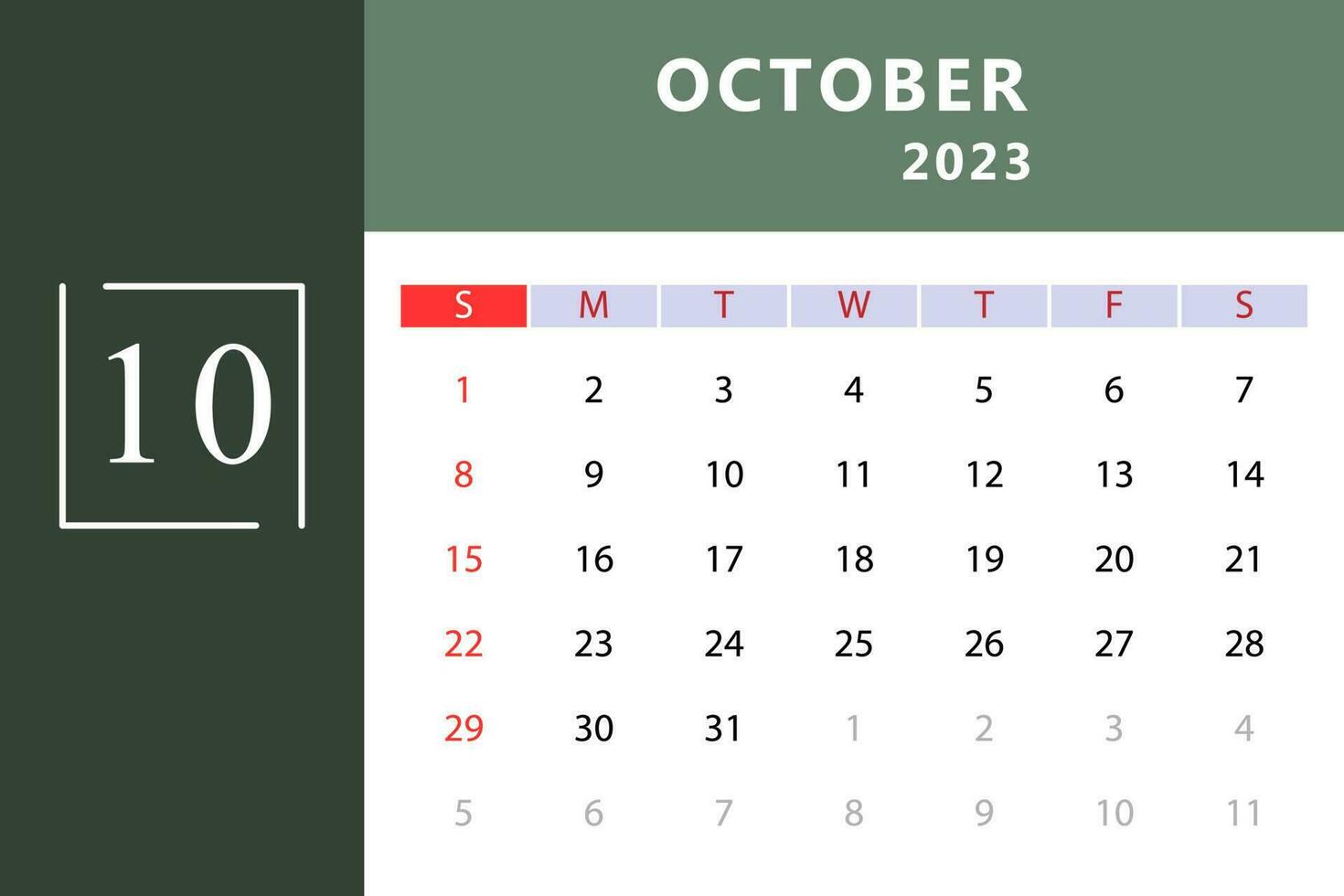 October Calendar Template. Vector Illustration.