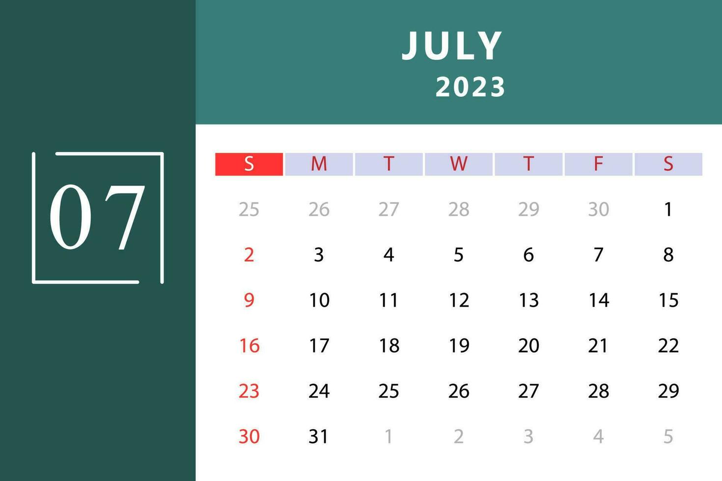 July 2023 Calendar Template. Vector Illustration.