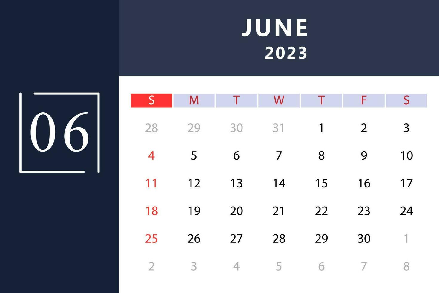 June 2023 Calendar Template. Vector Illustration.