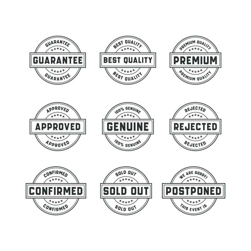 Stamp design set - premium quality, guaranteed, approved, sold out, postponed, confirmed, genuine, original. vector