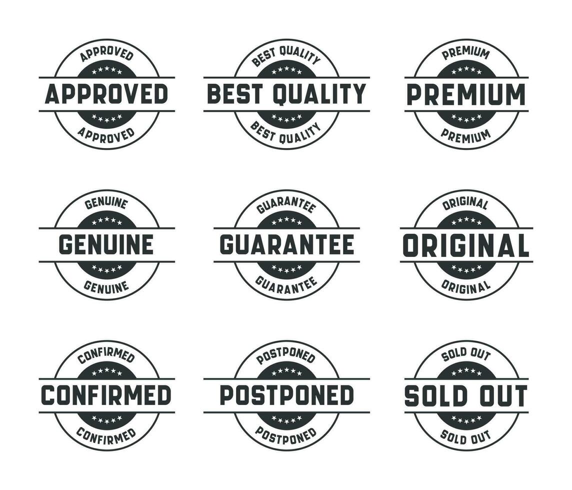 Stamp design set - premium quality, guaranteed, approved, sold out, postponed, confirmed, genuine, original. vector