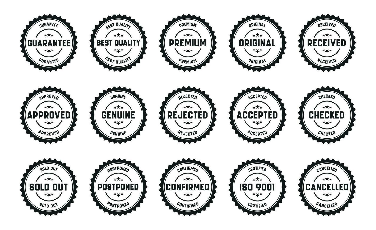 Stamp design set - premium quality, guaranteed, approved, sold out, postponed, confirmed, genuine, original. vector