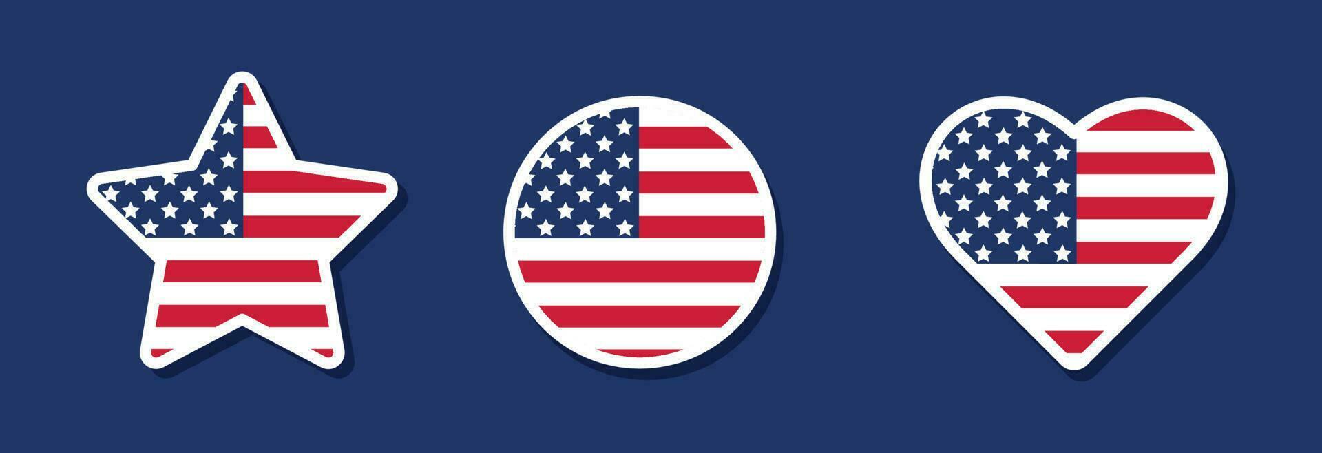 Set of stickers with the flag of America on a blue background. Vector