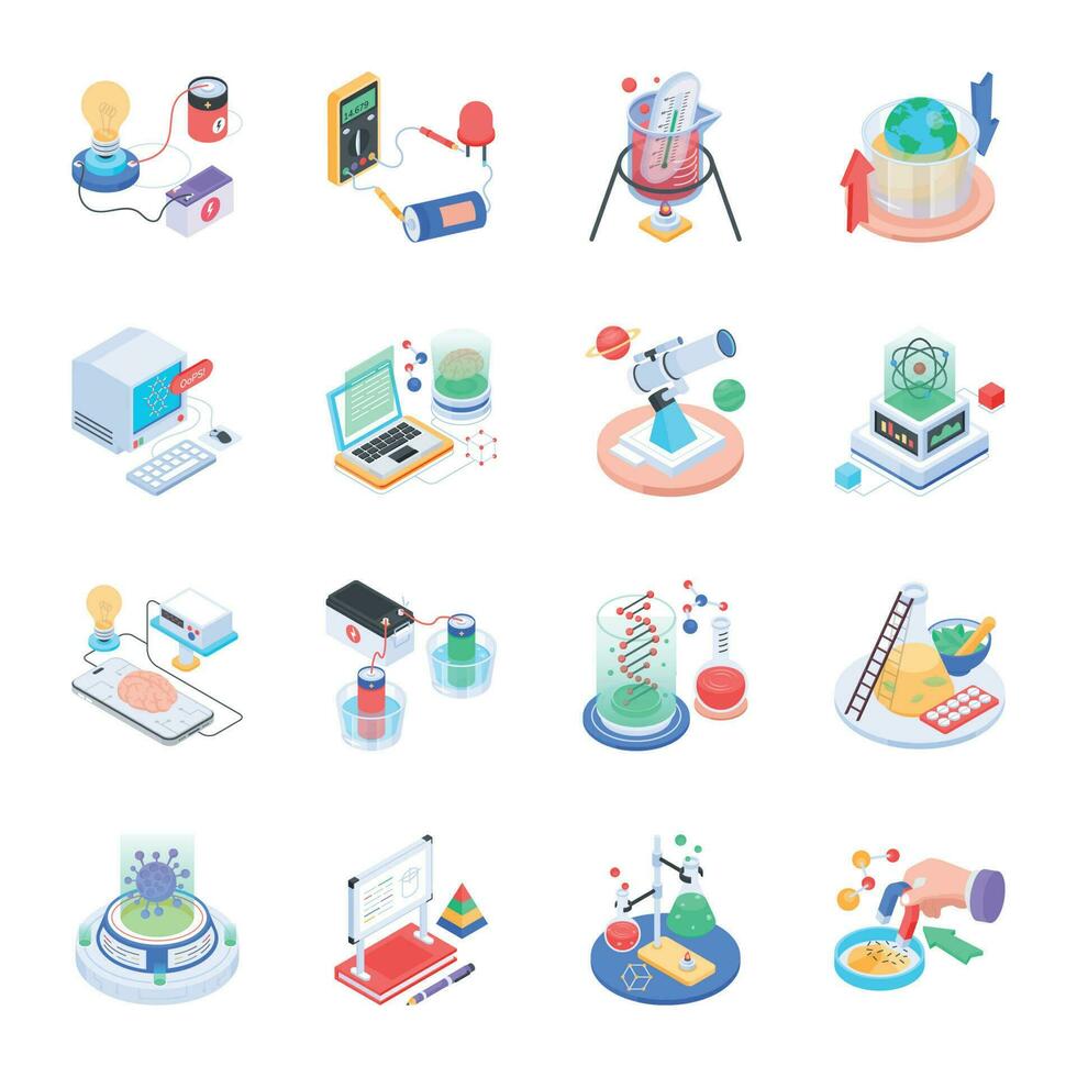 Bundle of Science Experiments Isometric Icons vector