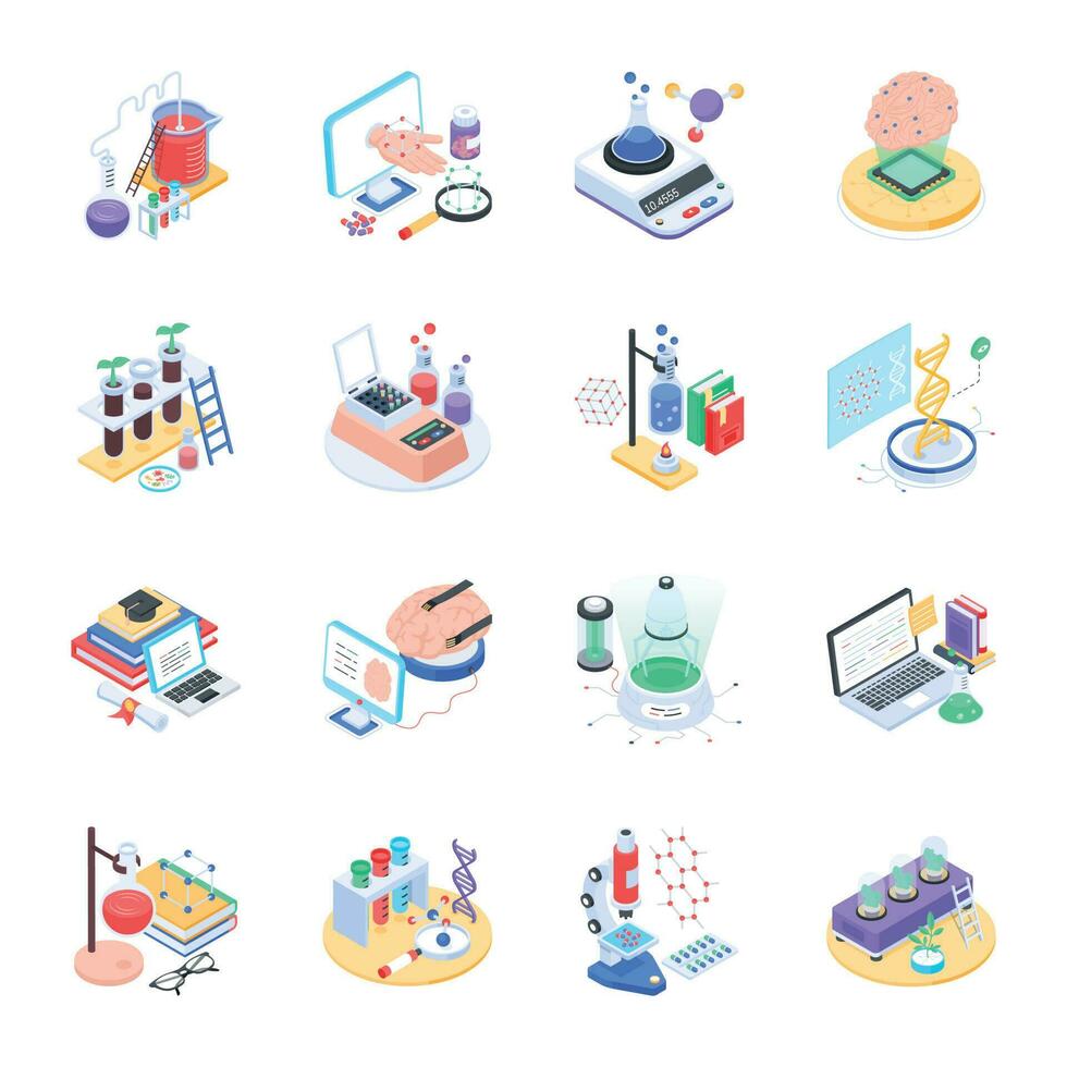 Pack of Science Research Isometric Icons vector