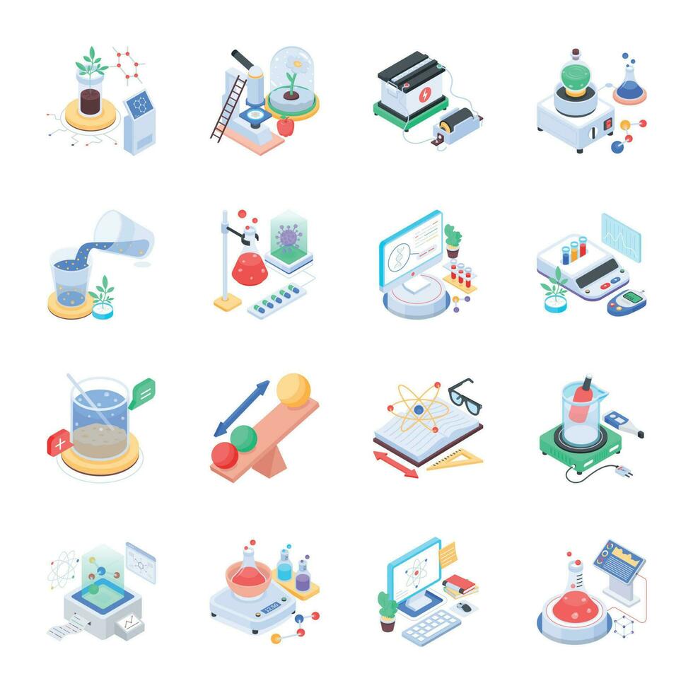 Set of Futuristic Chemical Study Isometric Icons vector